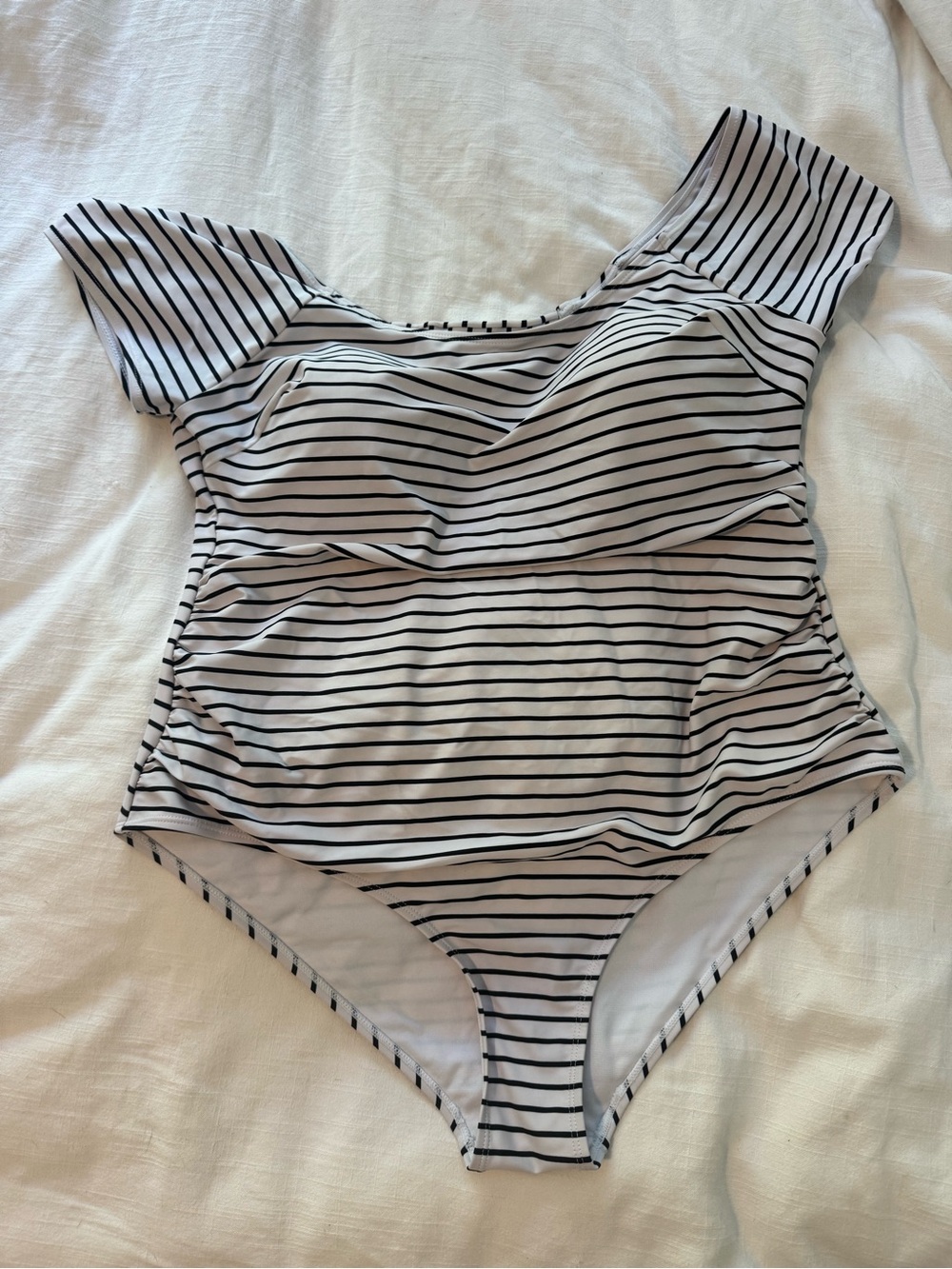 Off-Shoulder Black & White Striped One-Piece Swimsuit meet curve 2xl